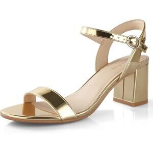 Ankis Womens Size 7.5 Gold 2.5" Block Heel Open Round Toe Ankle Strap Shoes